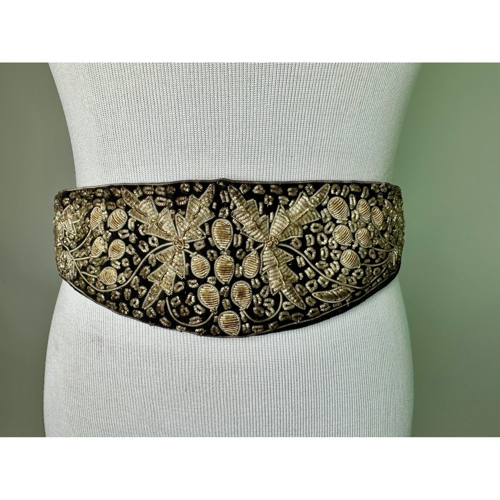 Vintage 1960s Indian Zardosi Black Velvet Silver Metallic Embroidered Waist Belt